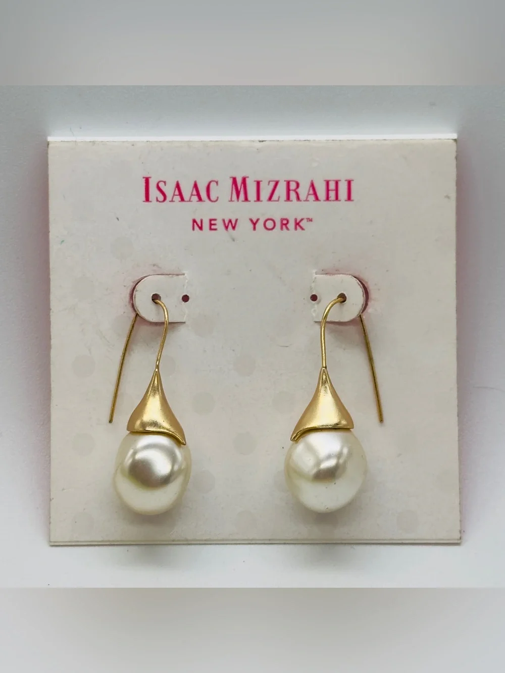 Issac Mizrahi Gold Tone Faux Pearl Drop Earrings Hook Delicate NWT